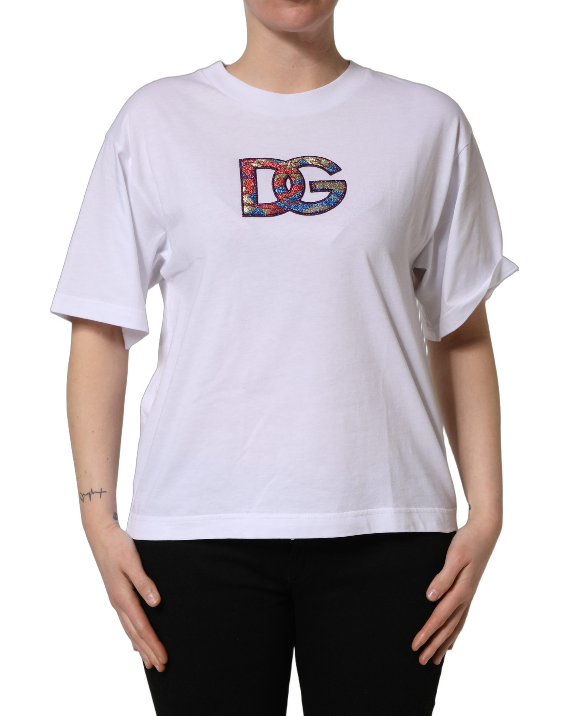 White cotton t-shirt with colorful logo patch on front