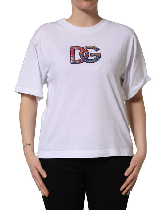 White cotton t-shirt with colorful logo patch on front