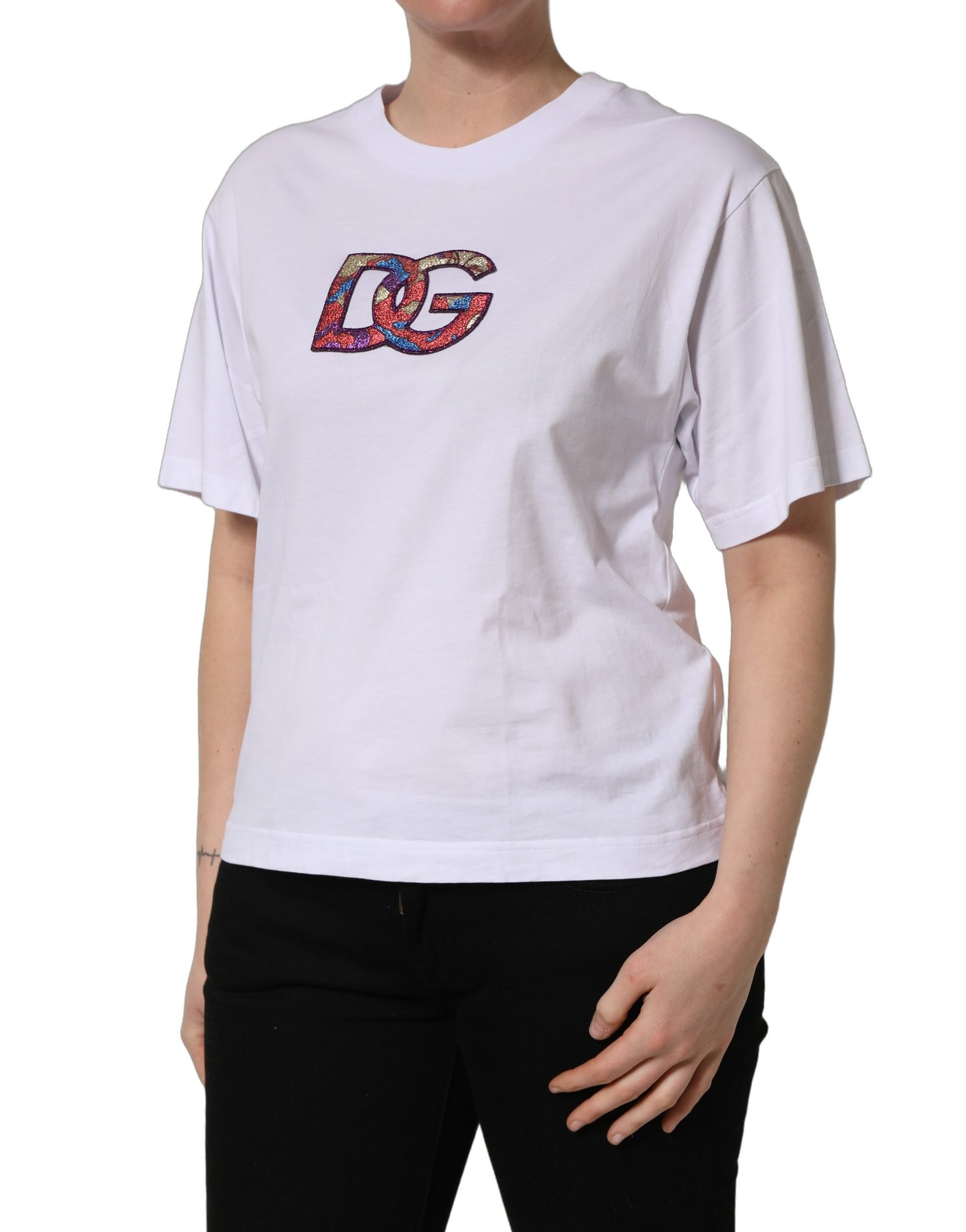 White cotton t-shirt with red and blue logo patch on front