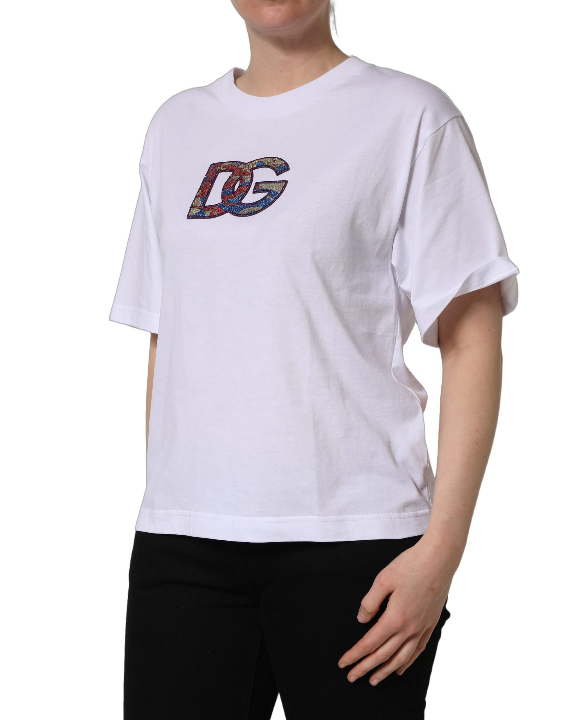 A white cotton t-shirt with a crew neck and the D&G logo patch on the left chest