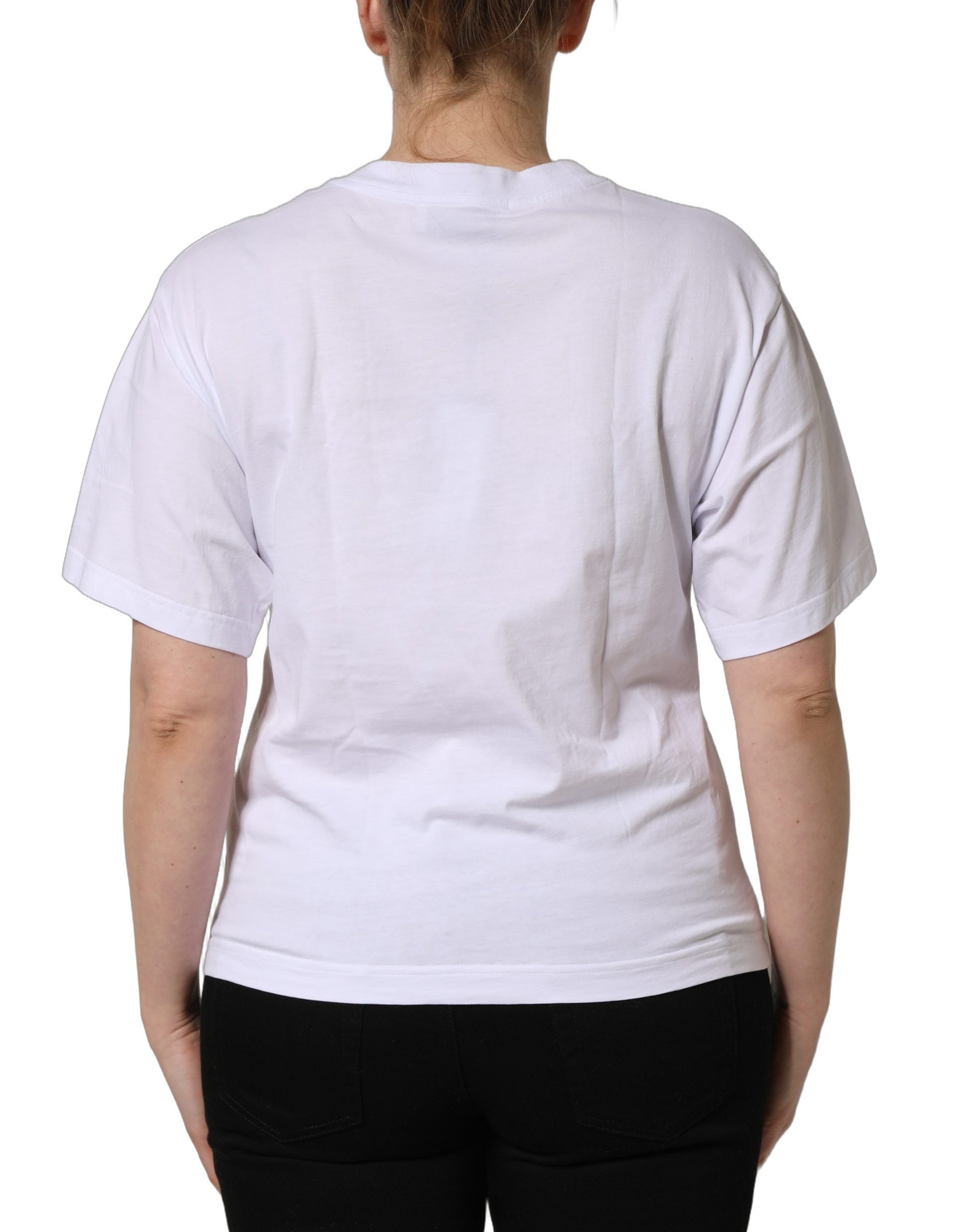 White cotton crew neck t-shirt with logo patch on back