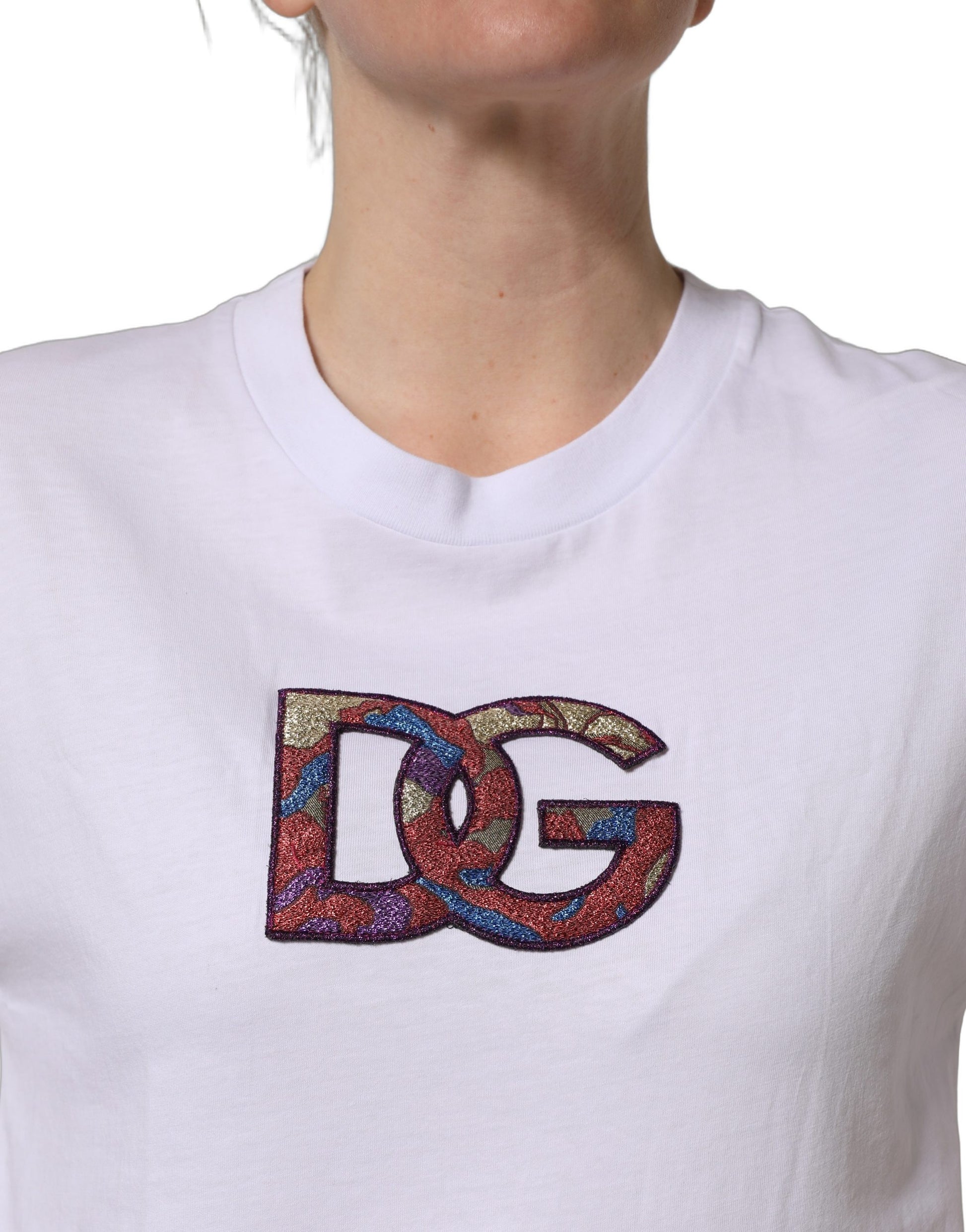 White cotton crew neck t-shirt with embroidered D&G logo patch
