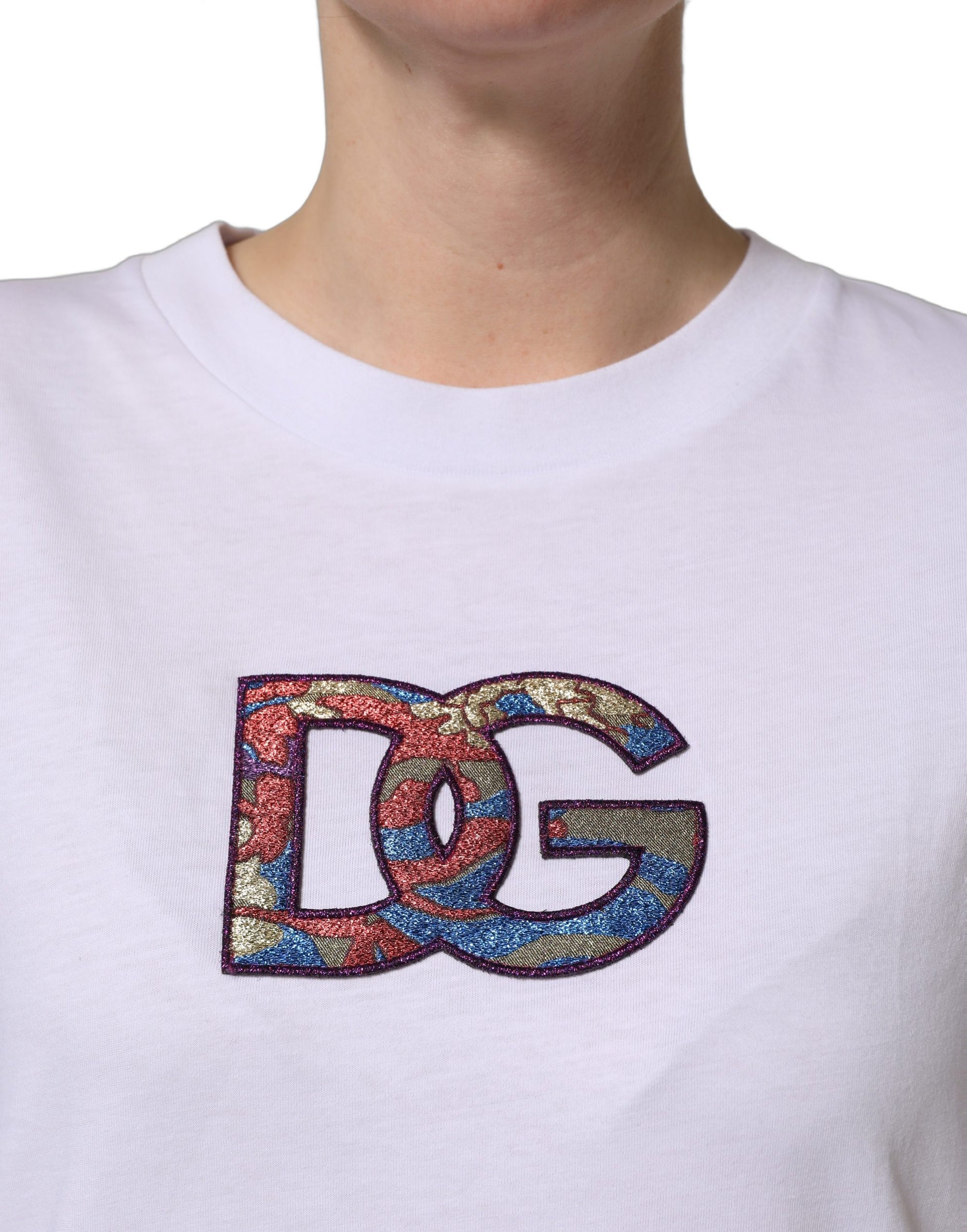 A white cotton t-shirt with a colorful D&G logo patch on the front