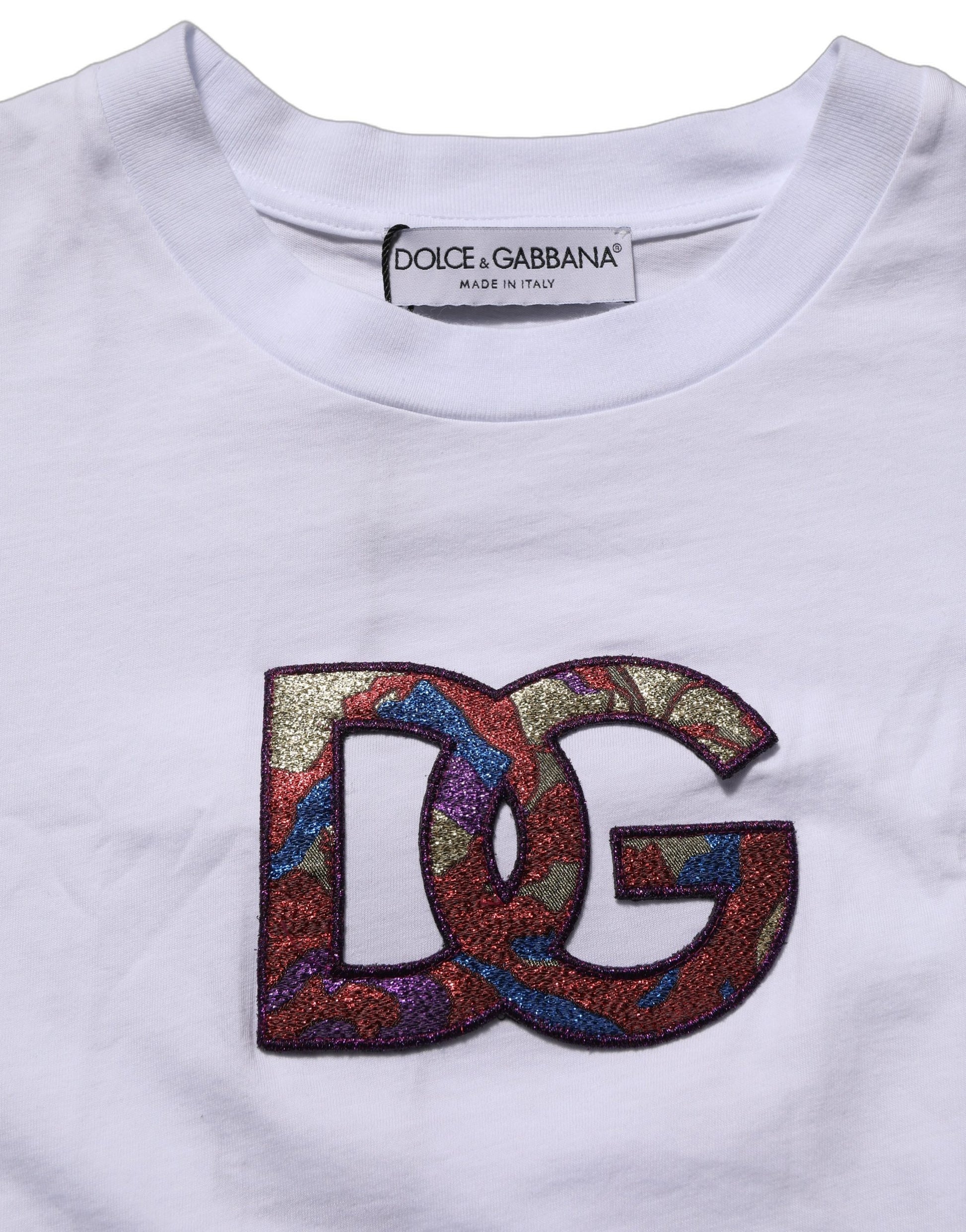 White cotton crew neck t-shirt with embroidered D&G logo patch