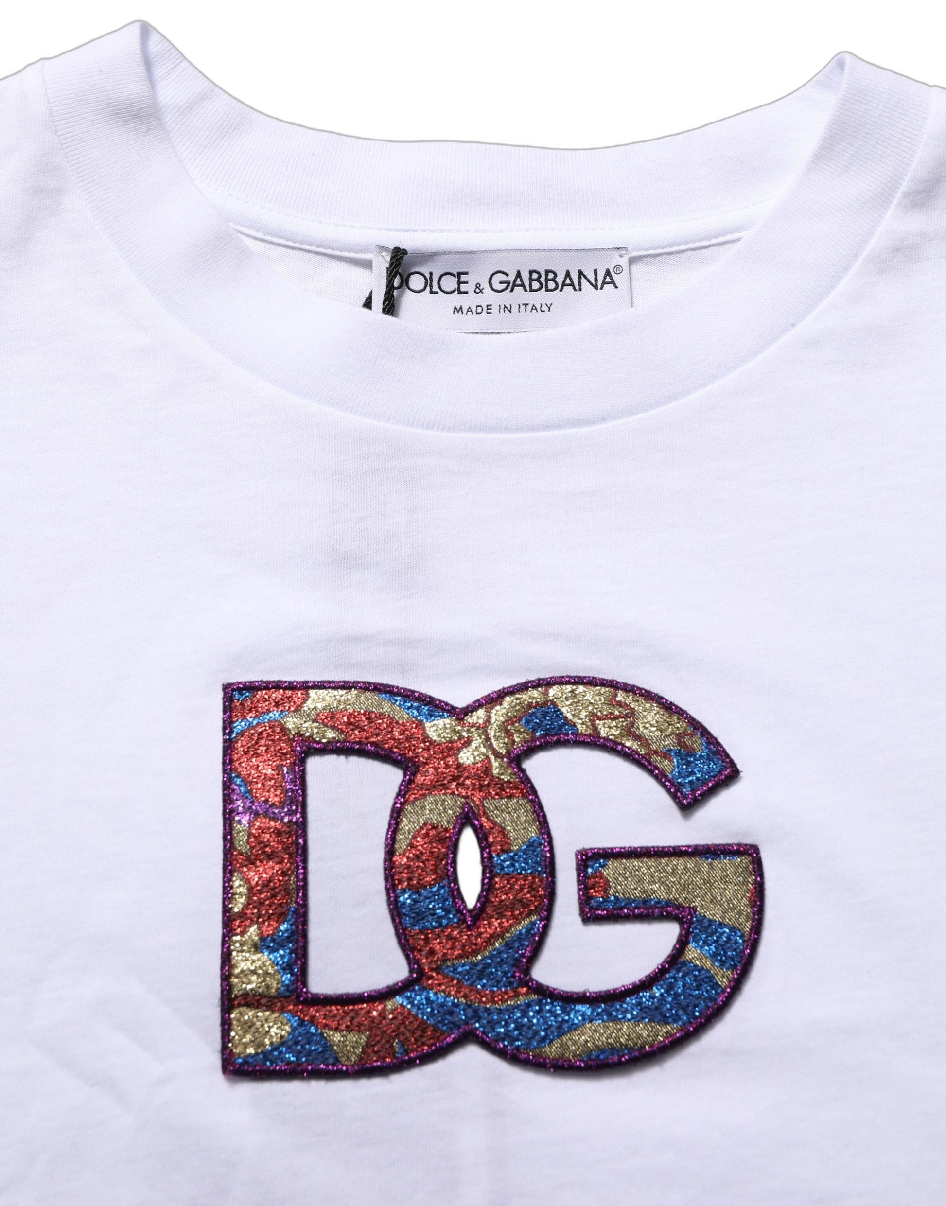 White cotton crew neck t-shirt with embroidered D&G logo