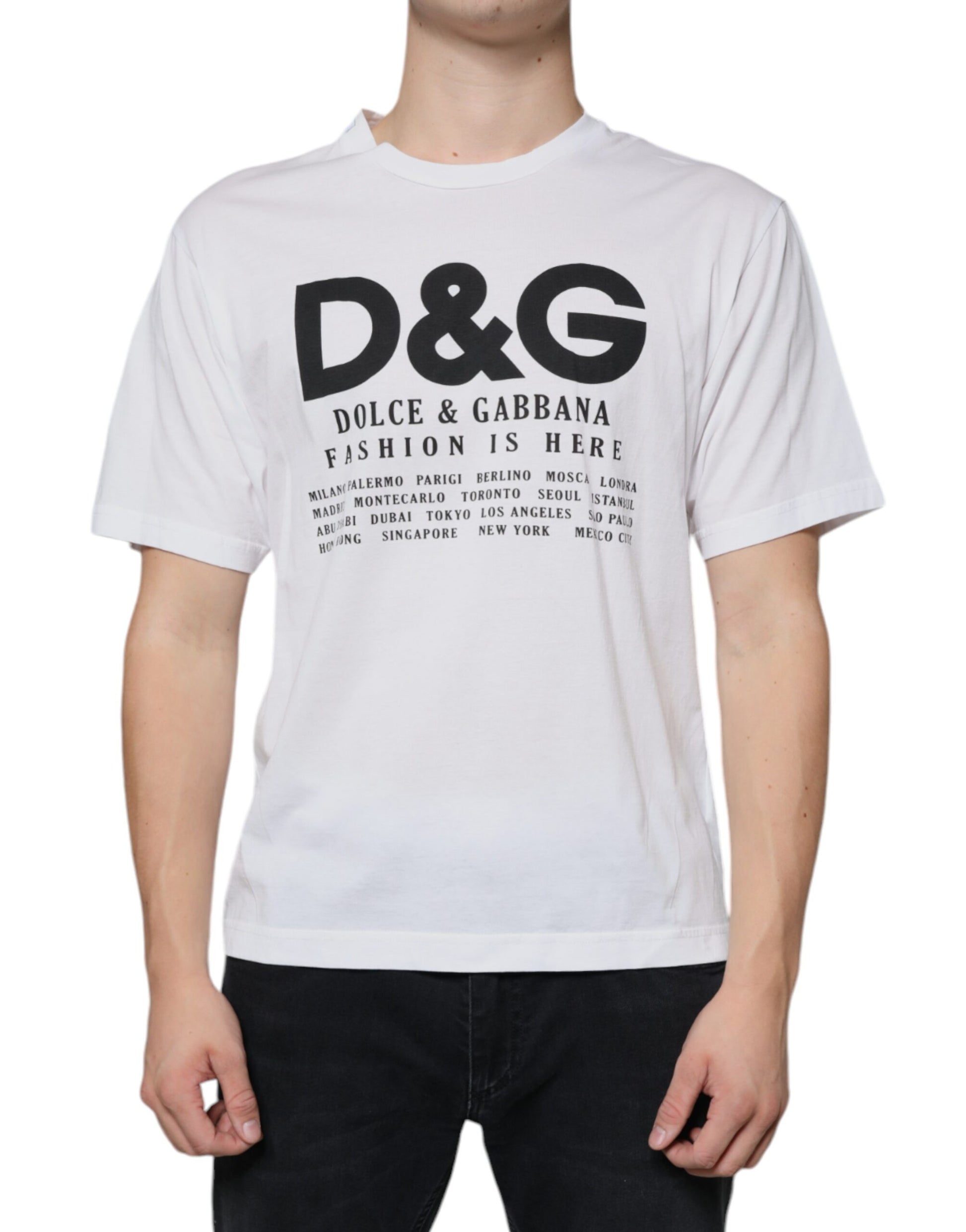 White t-shirt with black lettering