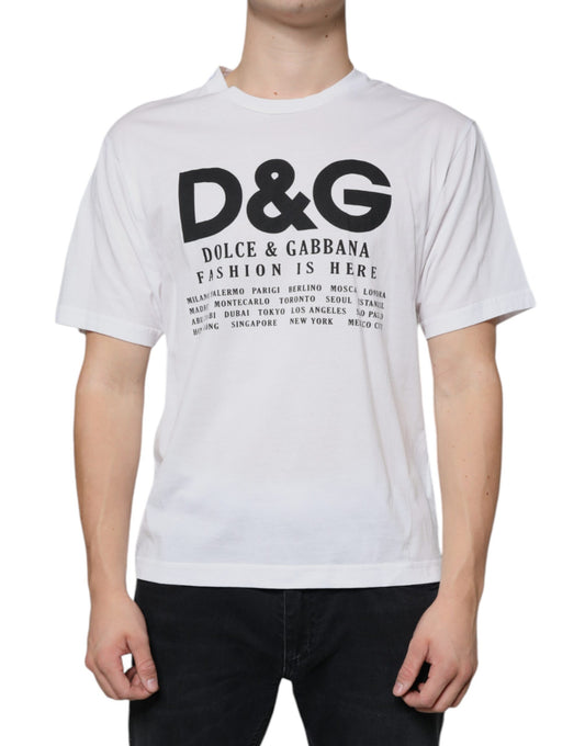White t-shirt with black text and logo