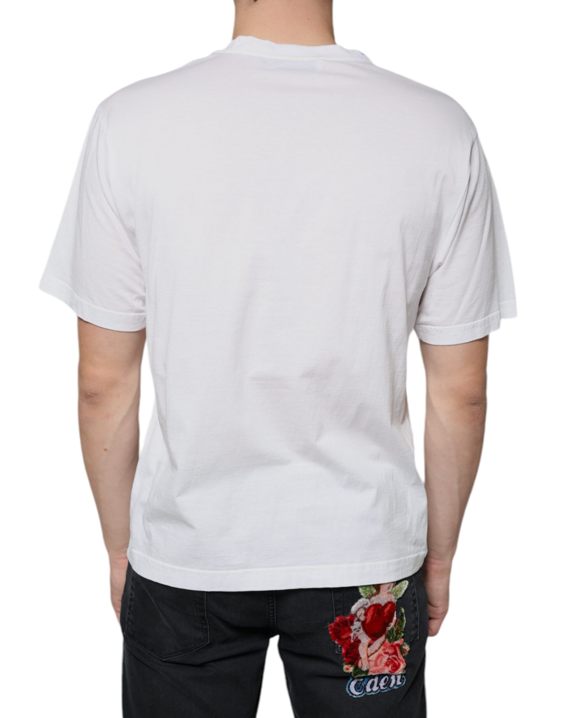 White t-shirt with horizontal stripes on back