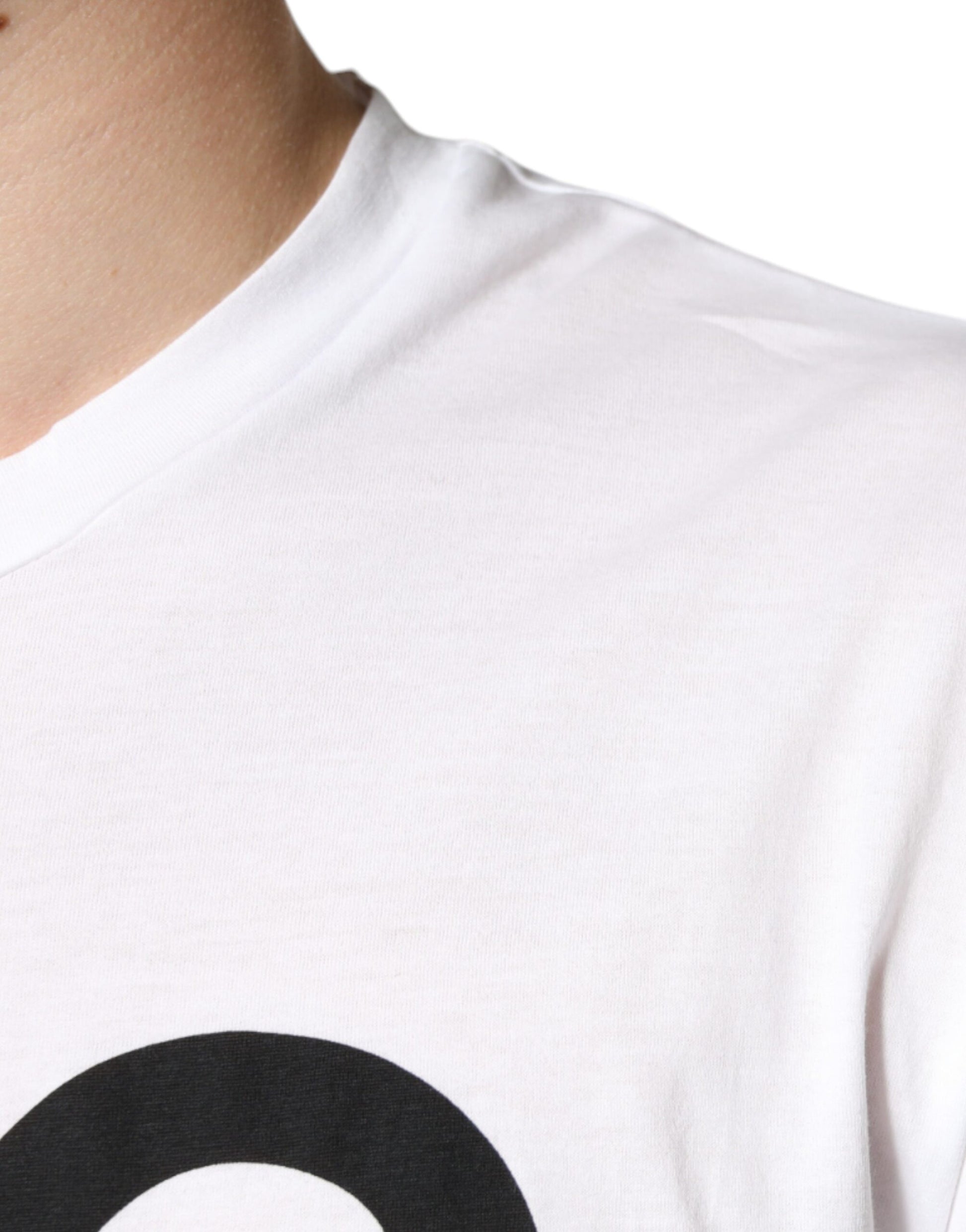 White t-shirt with black logo on front