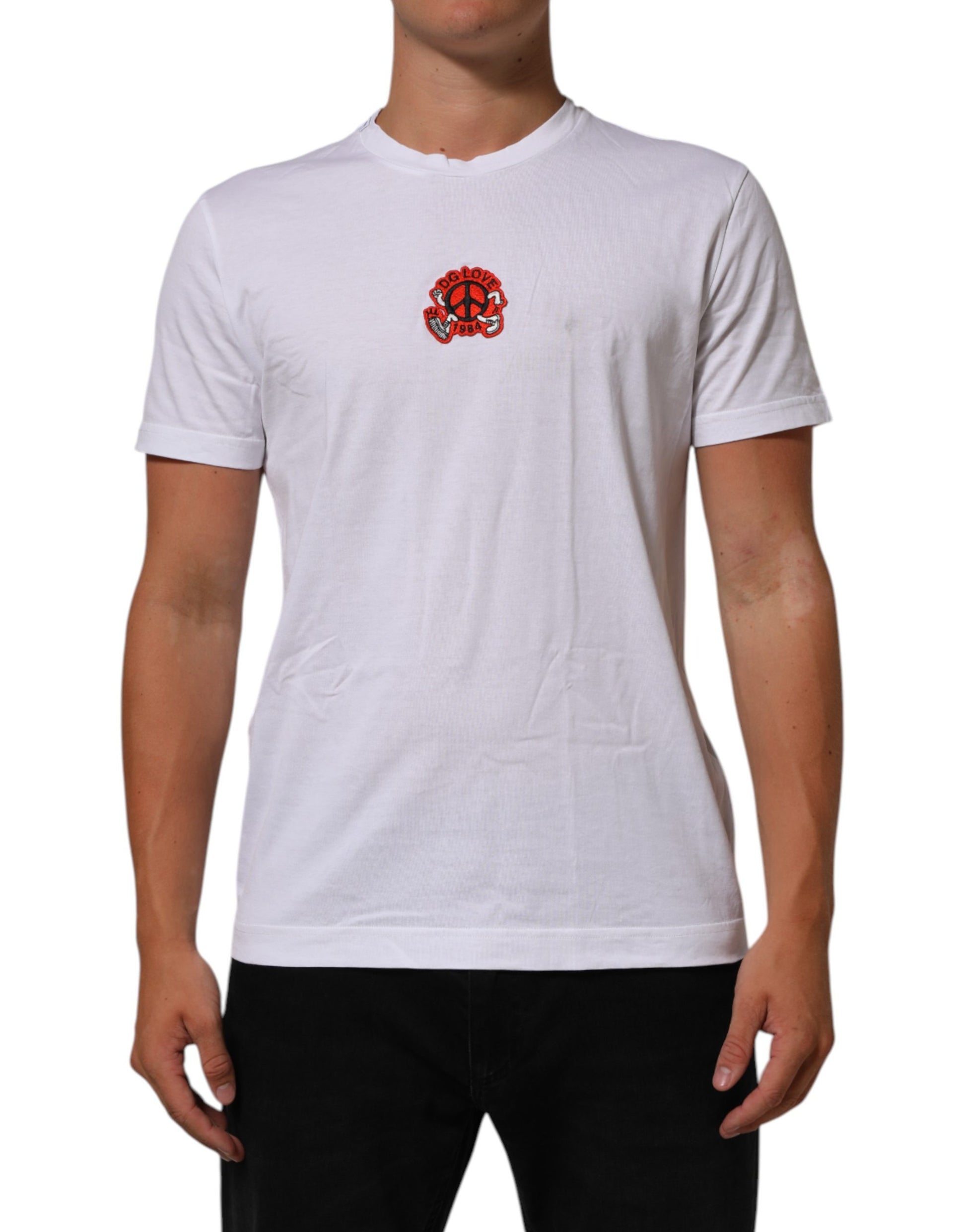 White t-shirt with red logo on front