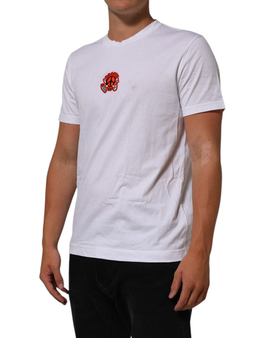White t-shirt with red logo on front