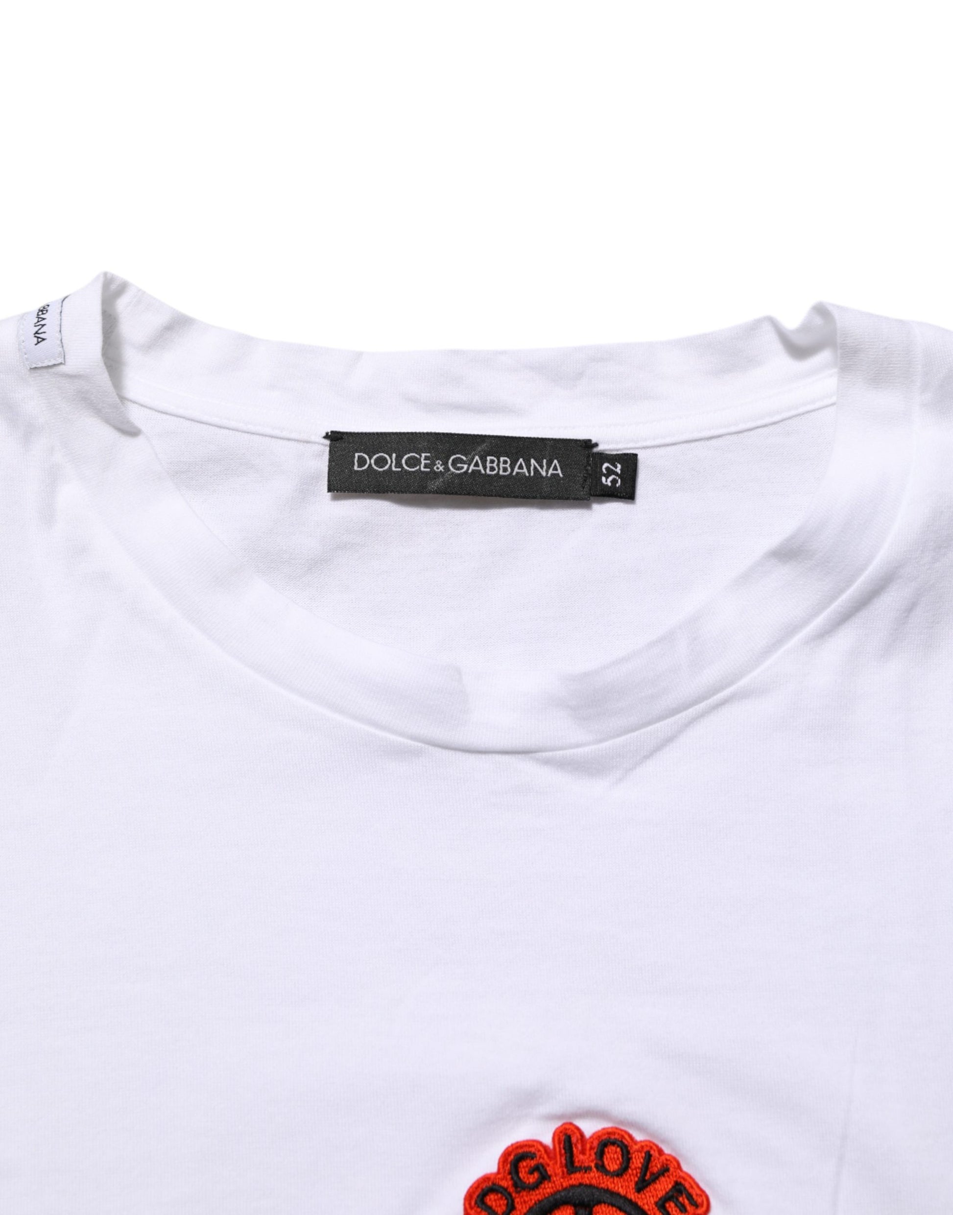 White t-shirt with red logo on front