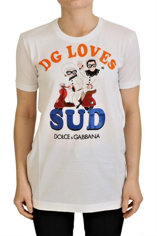 White t-shirt with graphic design featuring cartoon characters