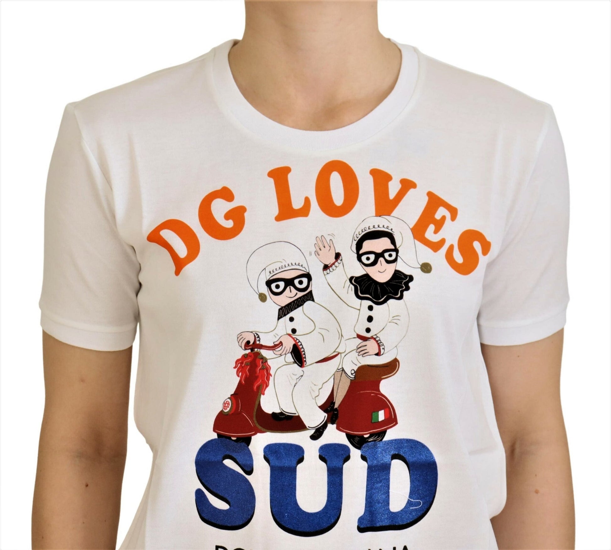 White t-shirt with graphic design featuring cartoon characters