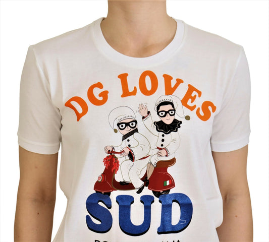 White t-shirt with graphic design featuring cartoon characters