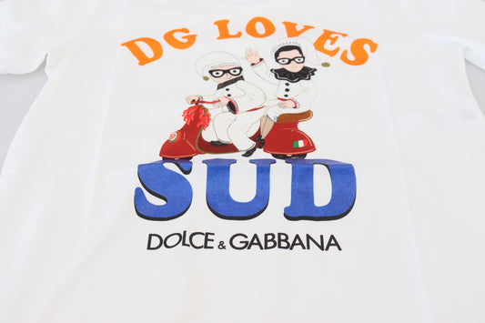 White t-shirt with graphic design featuring two cartoon figures in a car