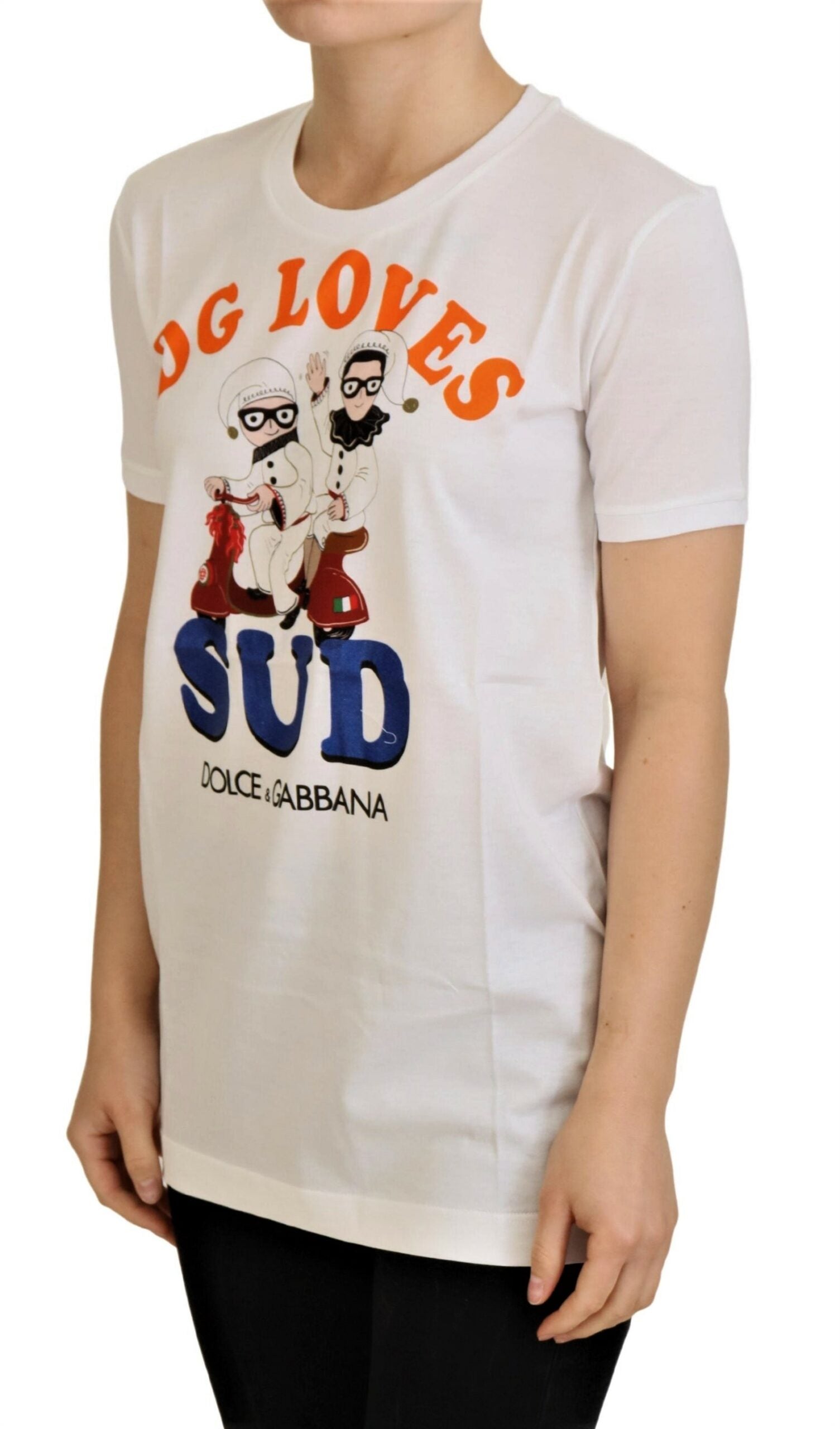 White t-shirt with graphic design featuring cartoon characters
