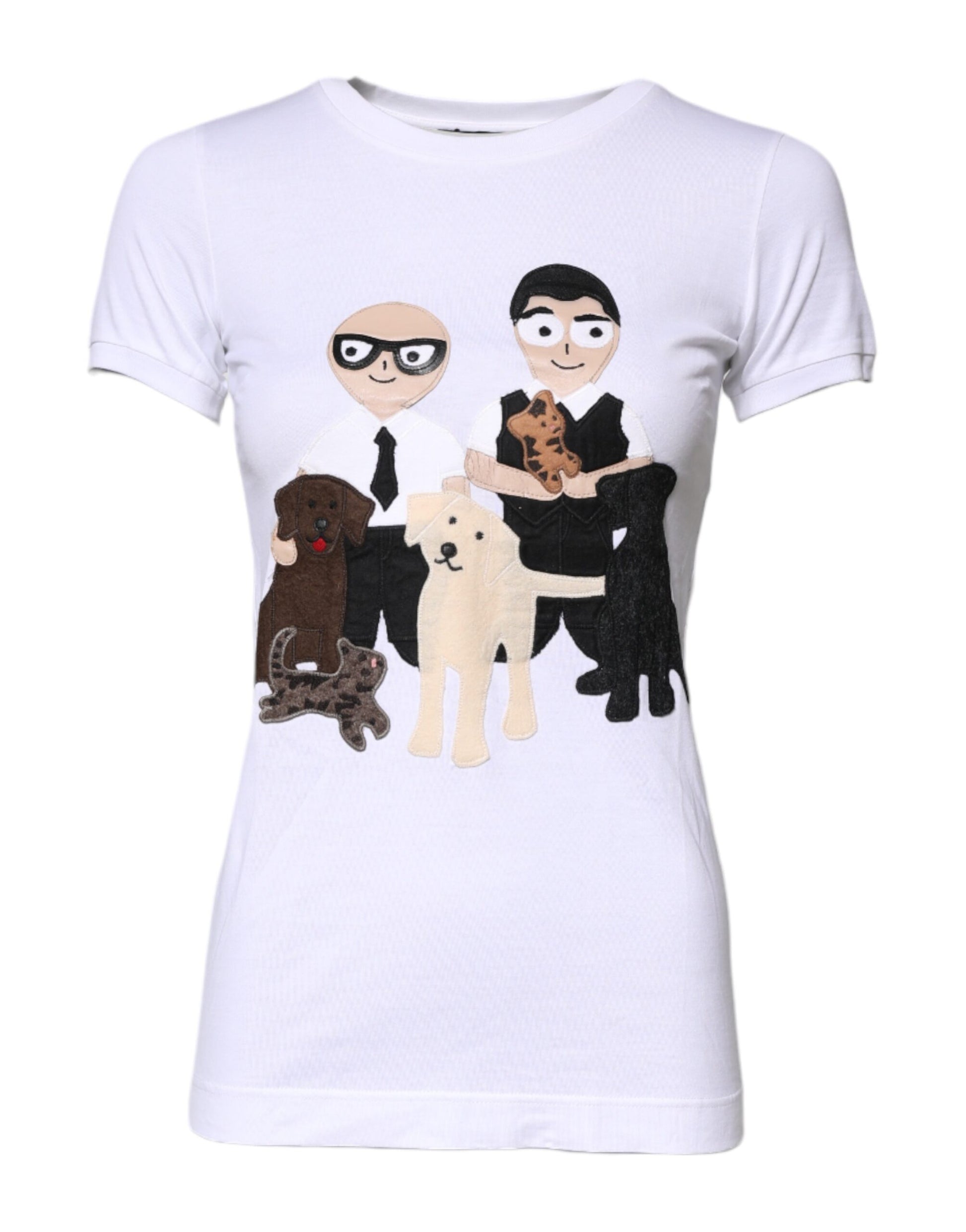 White t-shirt with cartoon dogs and men