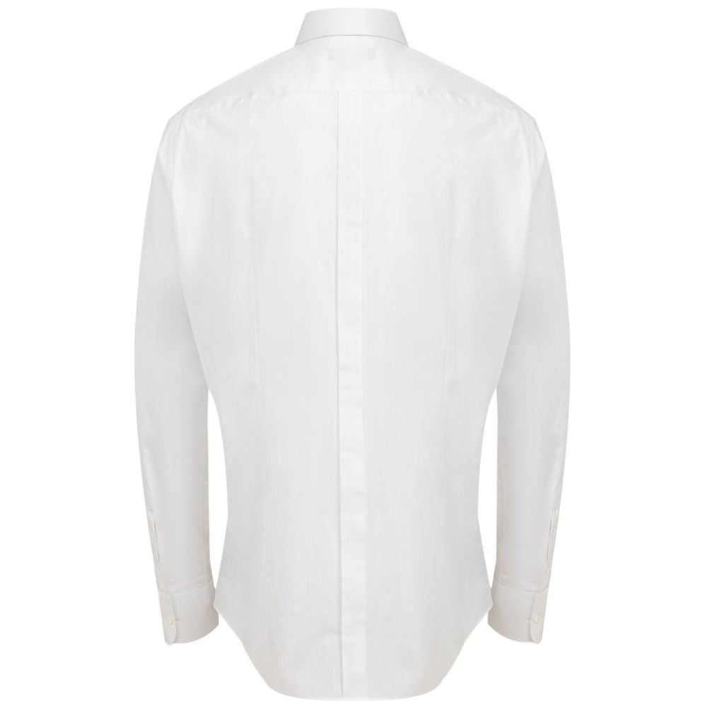 A white cotton dress shirt with a collar, long sleeves and buttoned front