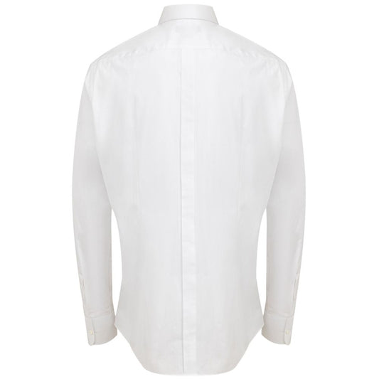 A white cotton dress shirt with a collar, long sleeves and buttoned front