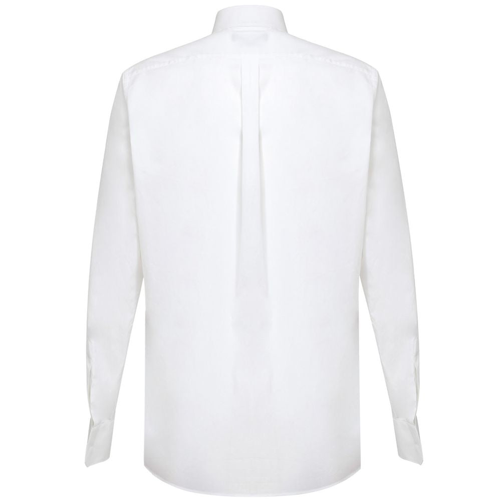 A white cotton dress shirt with a collar, long sleeves and a tie at the back