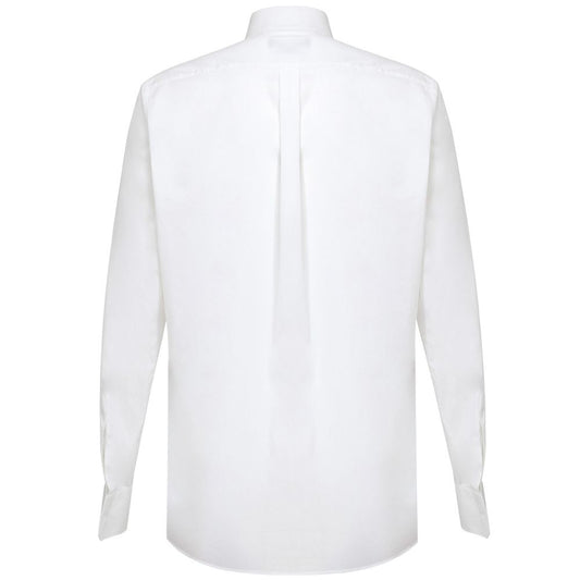 A white cotton dress shirt with a collar, long sleeves and a tie at the back