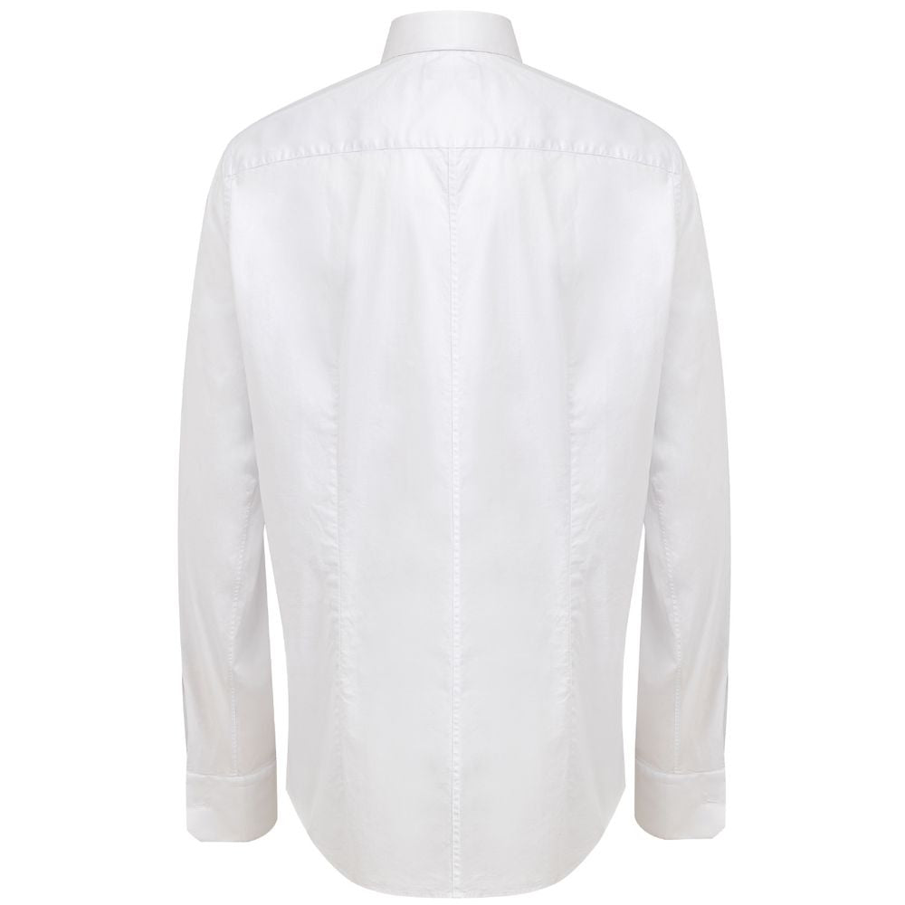 A white cotton dress shirt with long sleeves, collar, and button-down front