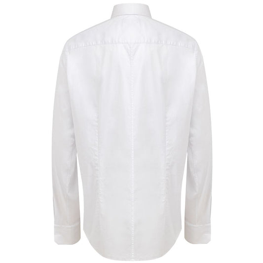 A white cotton dress shirt with long sleeves, collar, and button-down front