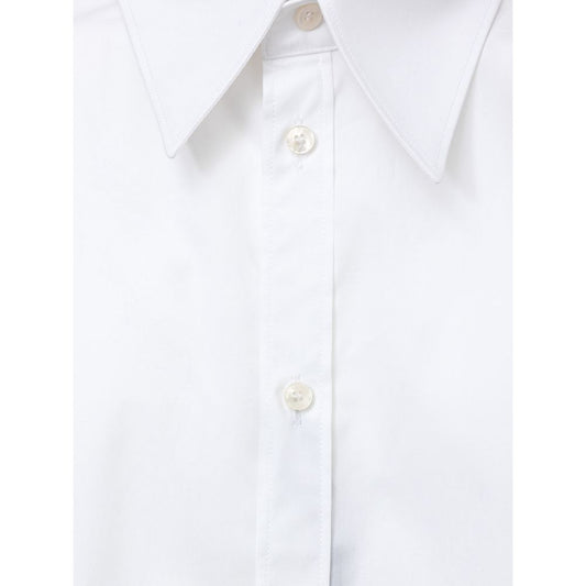 A white cotton dress shirt with a collar, buttons, and a pointed front