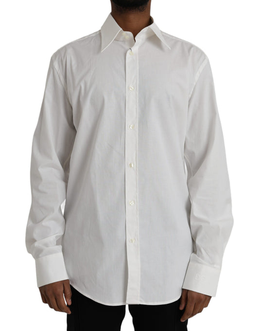 A long-sleeved white cotton dress shirt with a slim fit