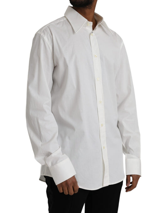 A mannequin wearing a white cotton dress shirt with gold buttons and a slim fit