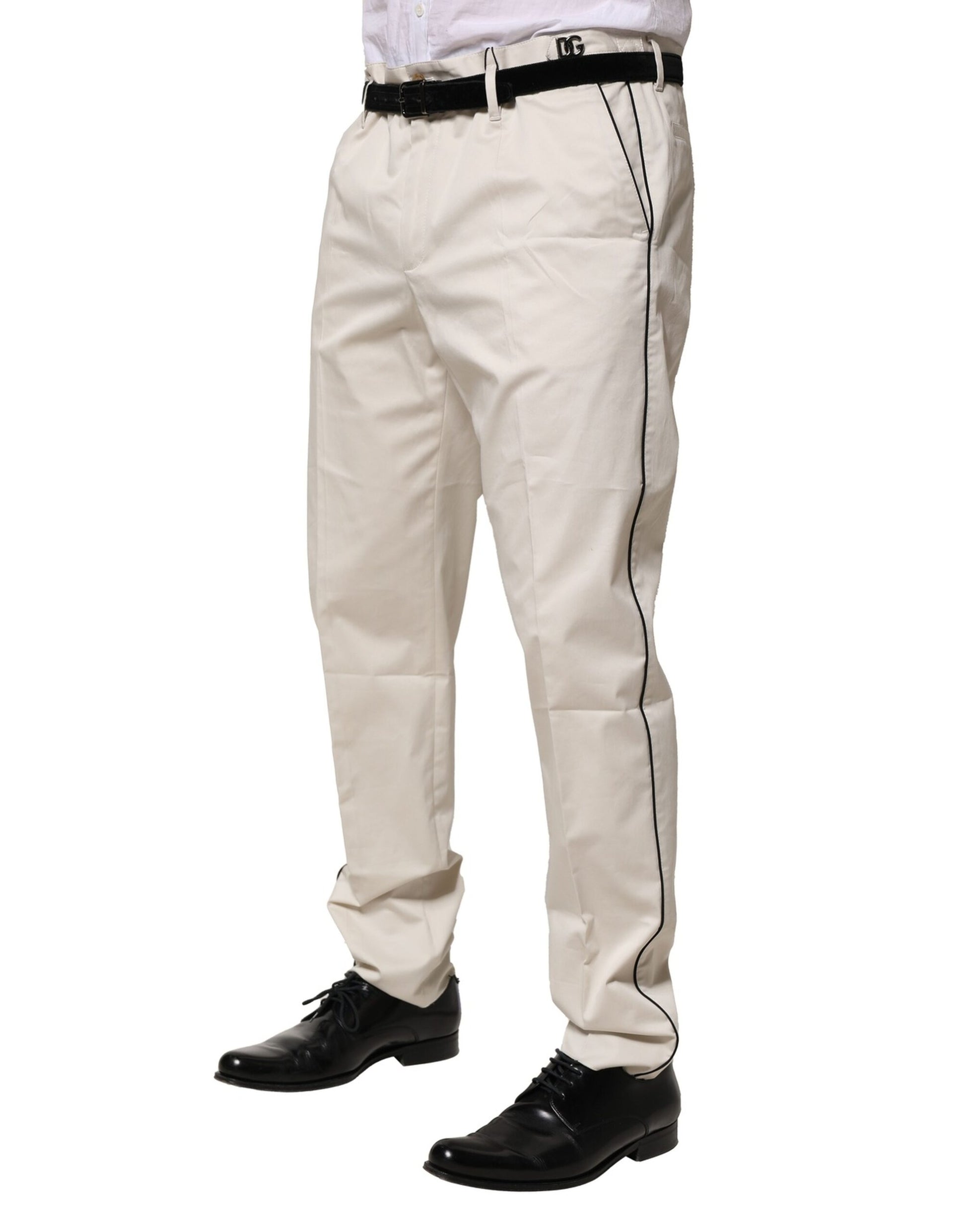 A pair of white cotton dress pants with a slim fit, designed for formal wear
