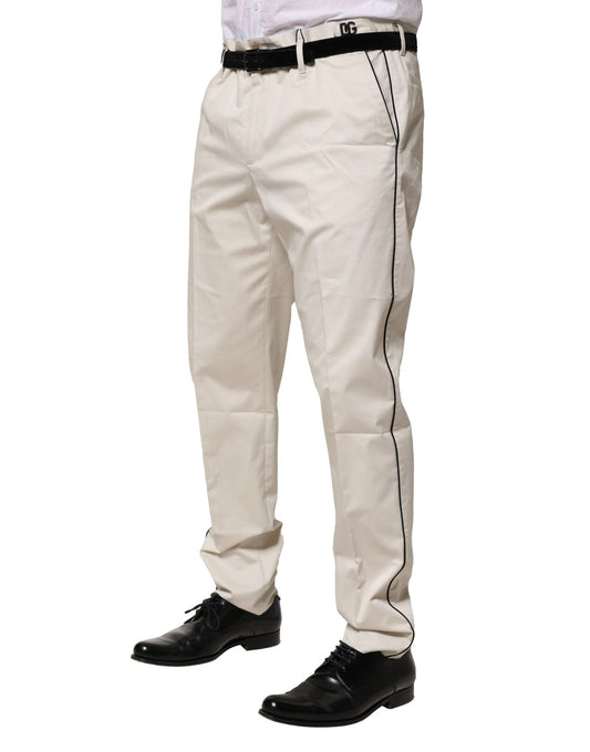A pair of white cotton dress pants with a slim fit, designed for formal wear