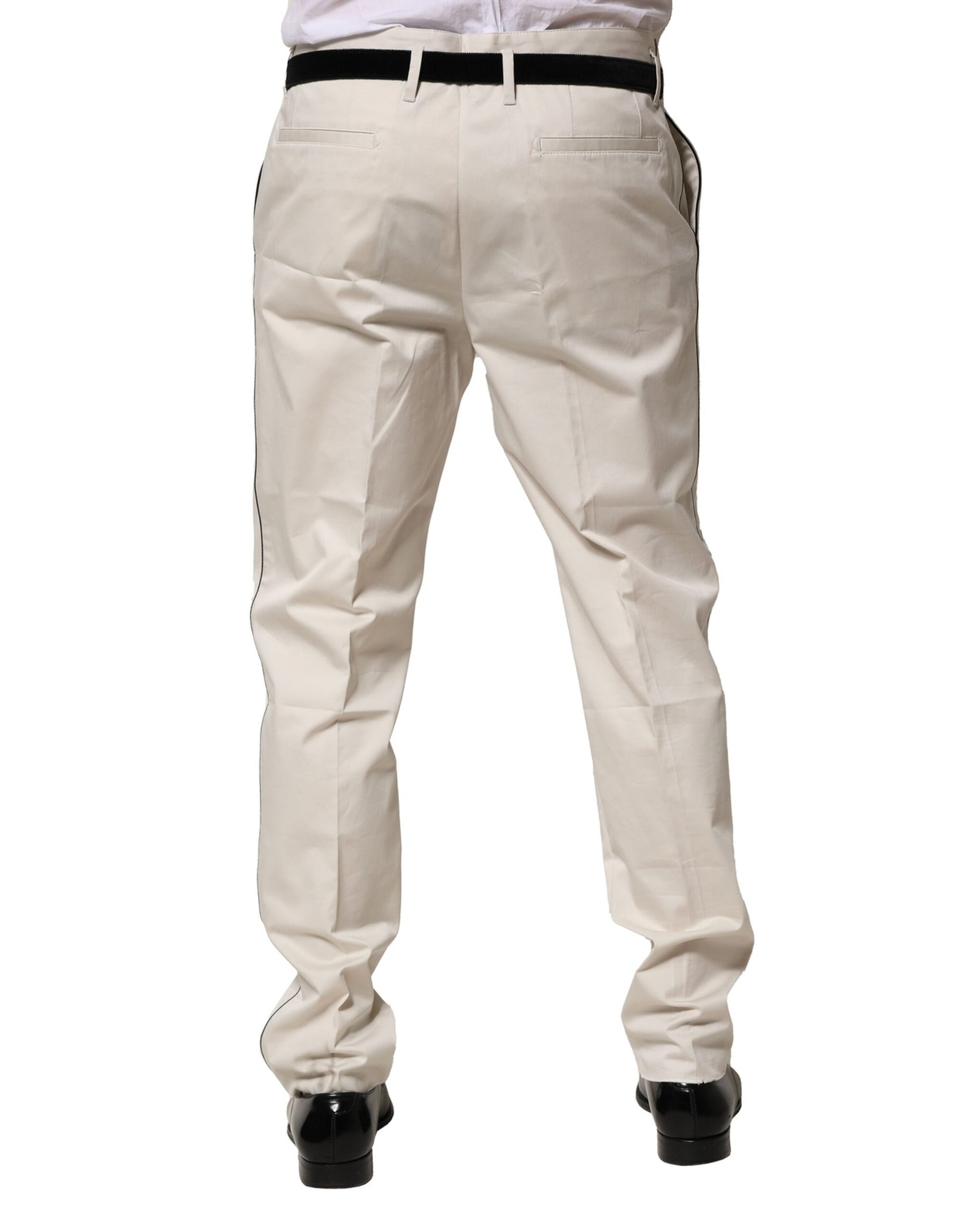 A pair of men's formal trousers with a slim fit, made from white cotton