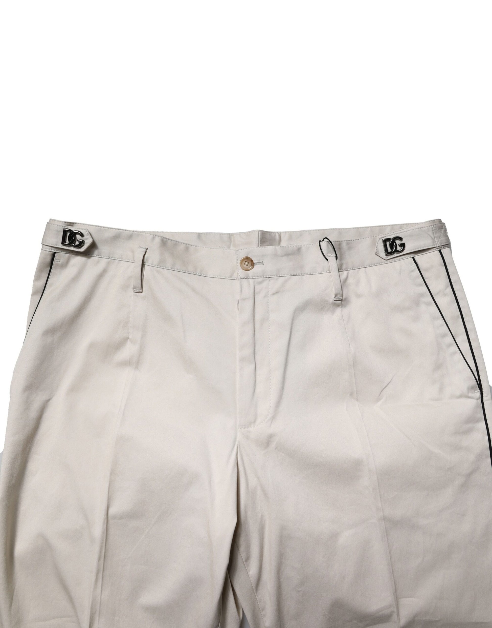 White cotton dress pants with slim fit, formal design and black stripe detailing