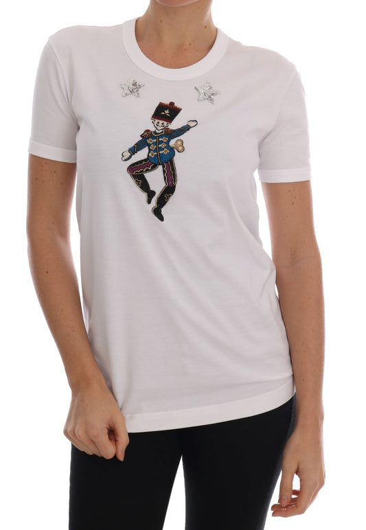 White t-shirt with a graphic design on the front