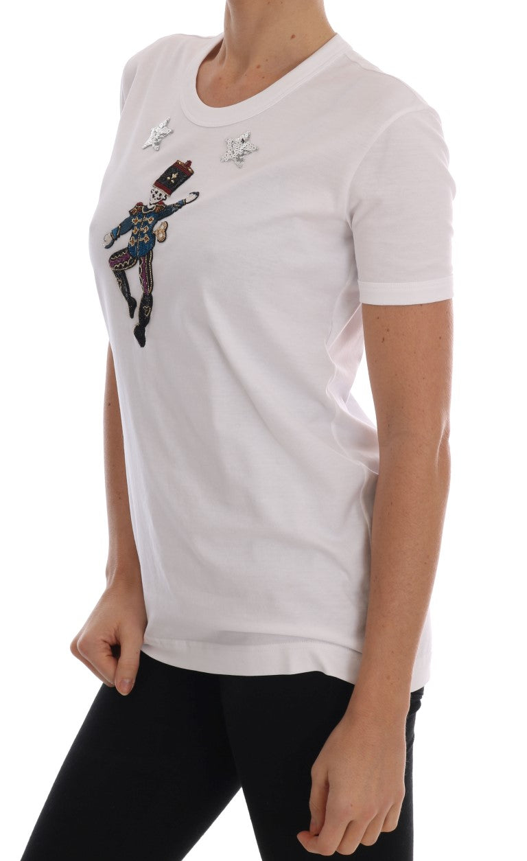 White t-shirt with graphic design on front