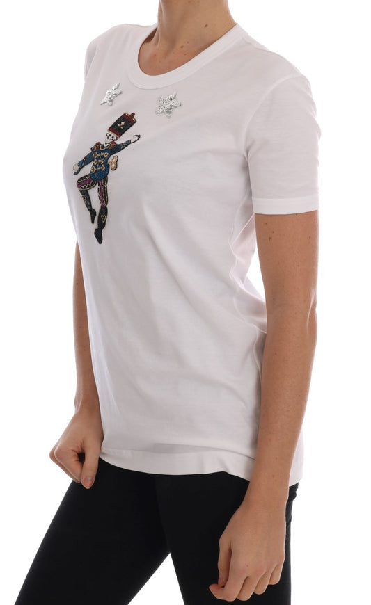 White t-shirt with graphic design on front