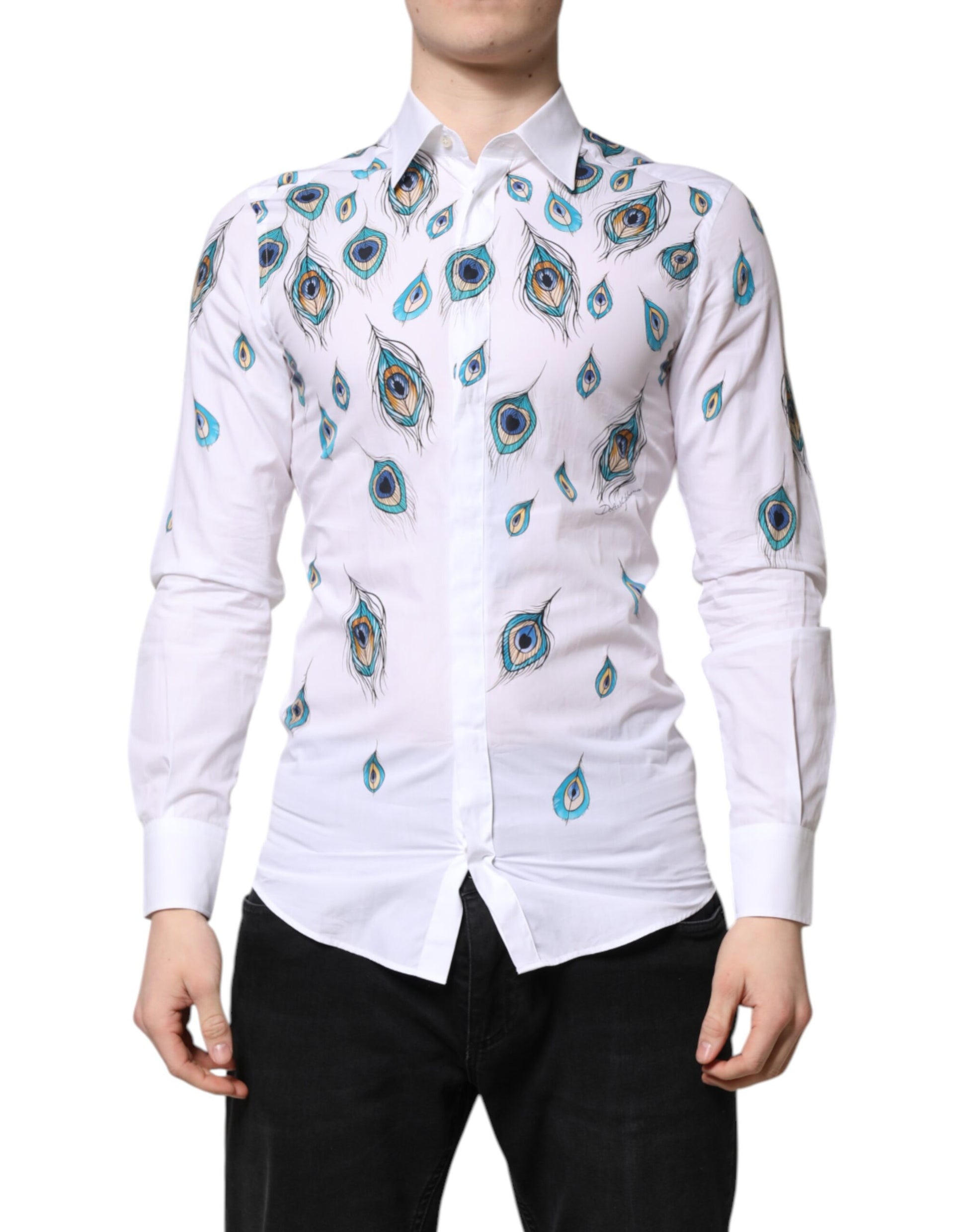 A white cotton dress shirt with a feather print design on the front