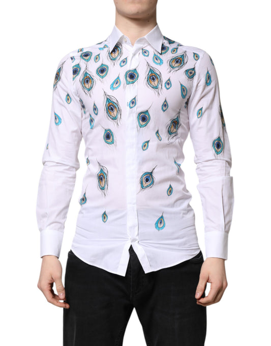A white cotton dress shirt with a feather print design on the front