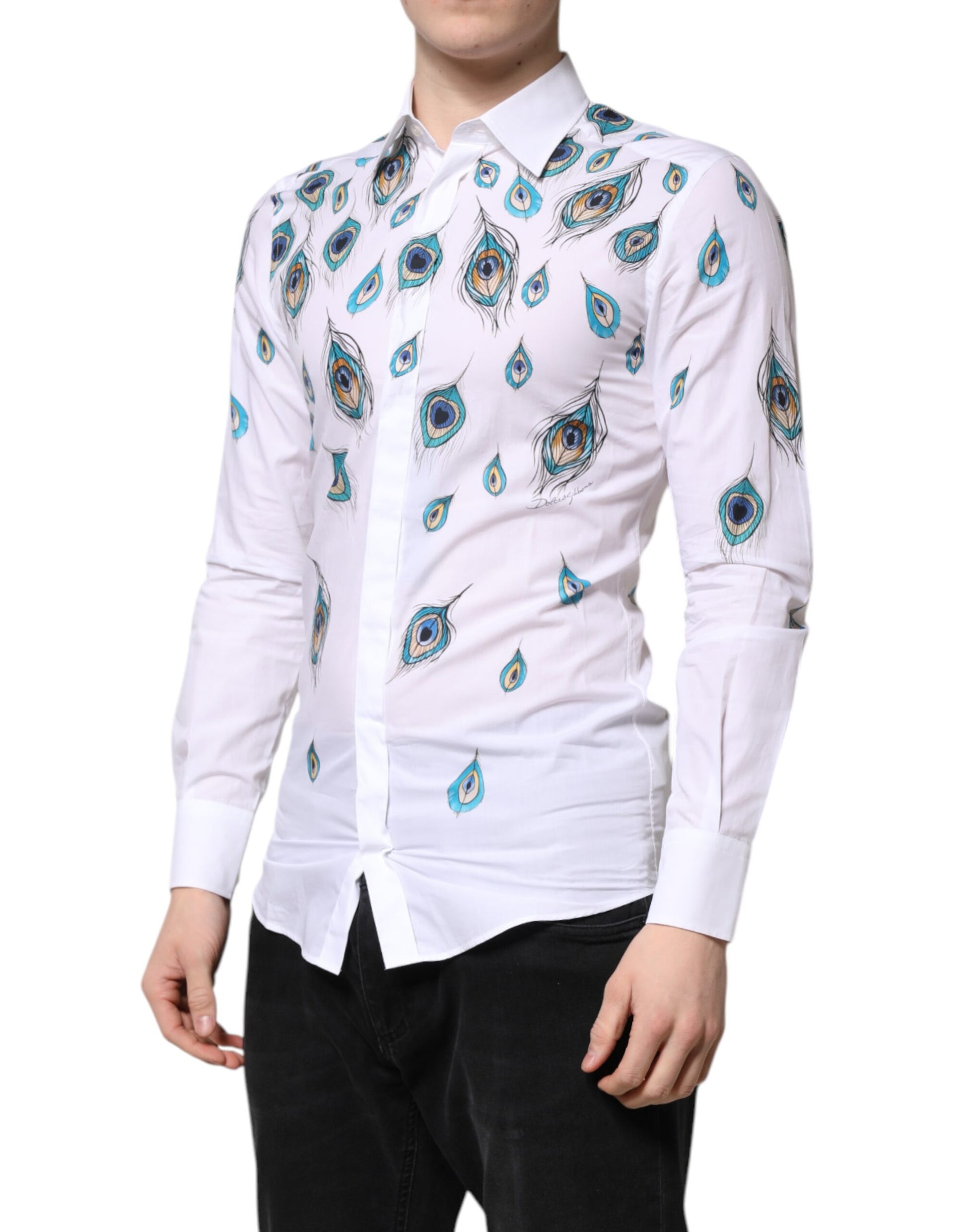 A white cotton dress shirt with a feather print design in gold