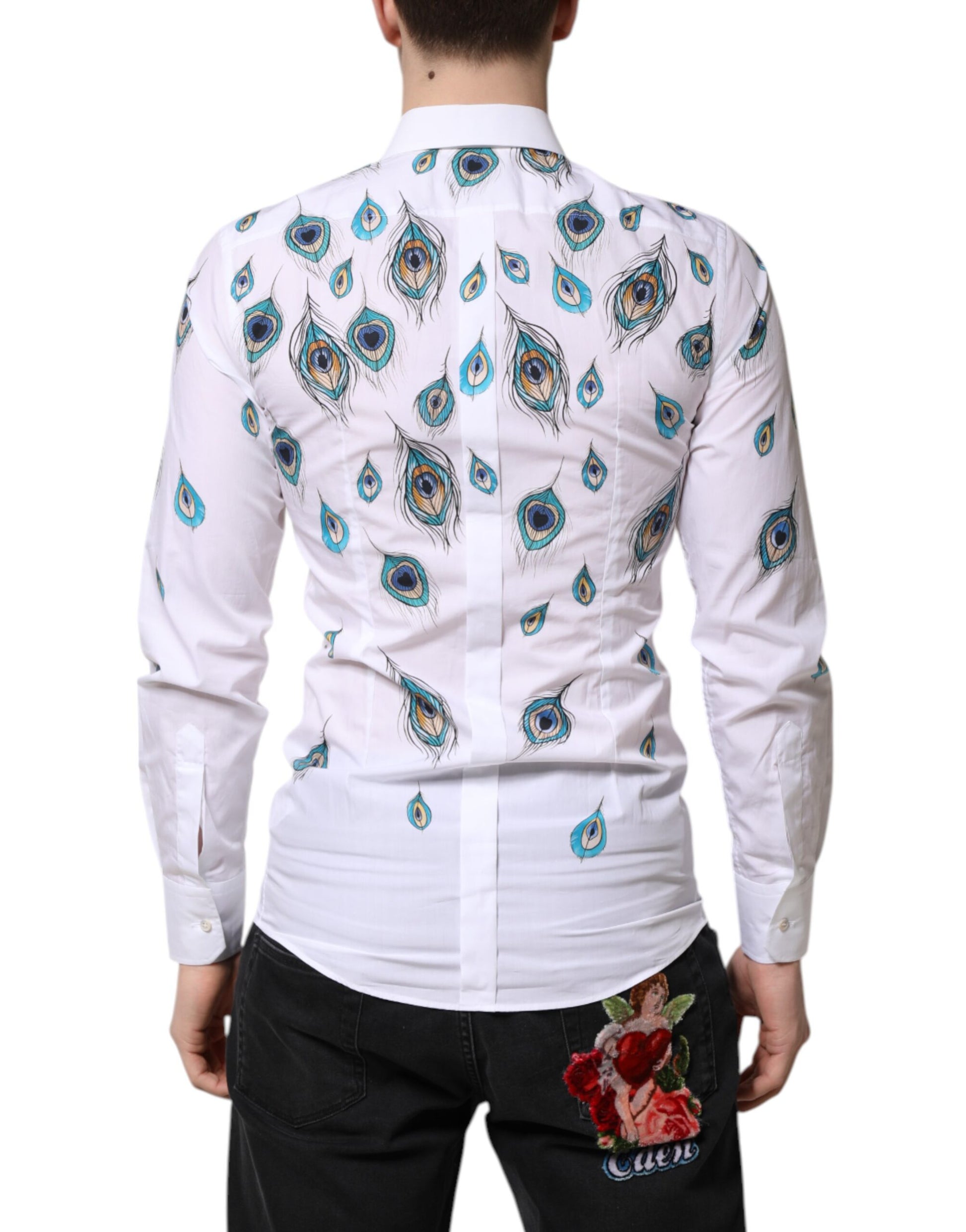 A white cotton dress shirt with a gold feather print on the back