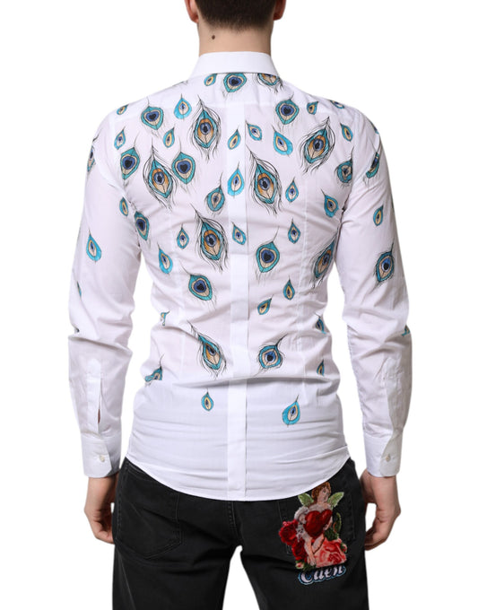 A white cotton dress shirt with a gold feather print on the back