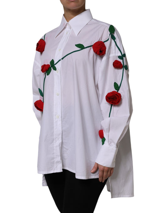 A white cotton dress shirt with floral applique roses on the sleeves