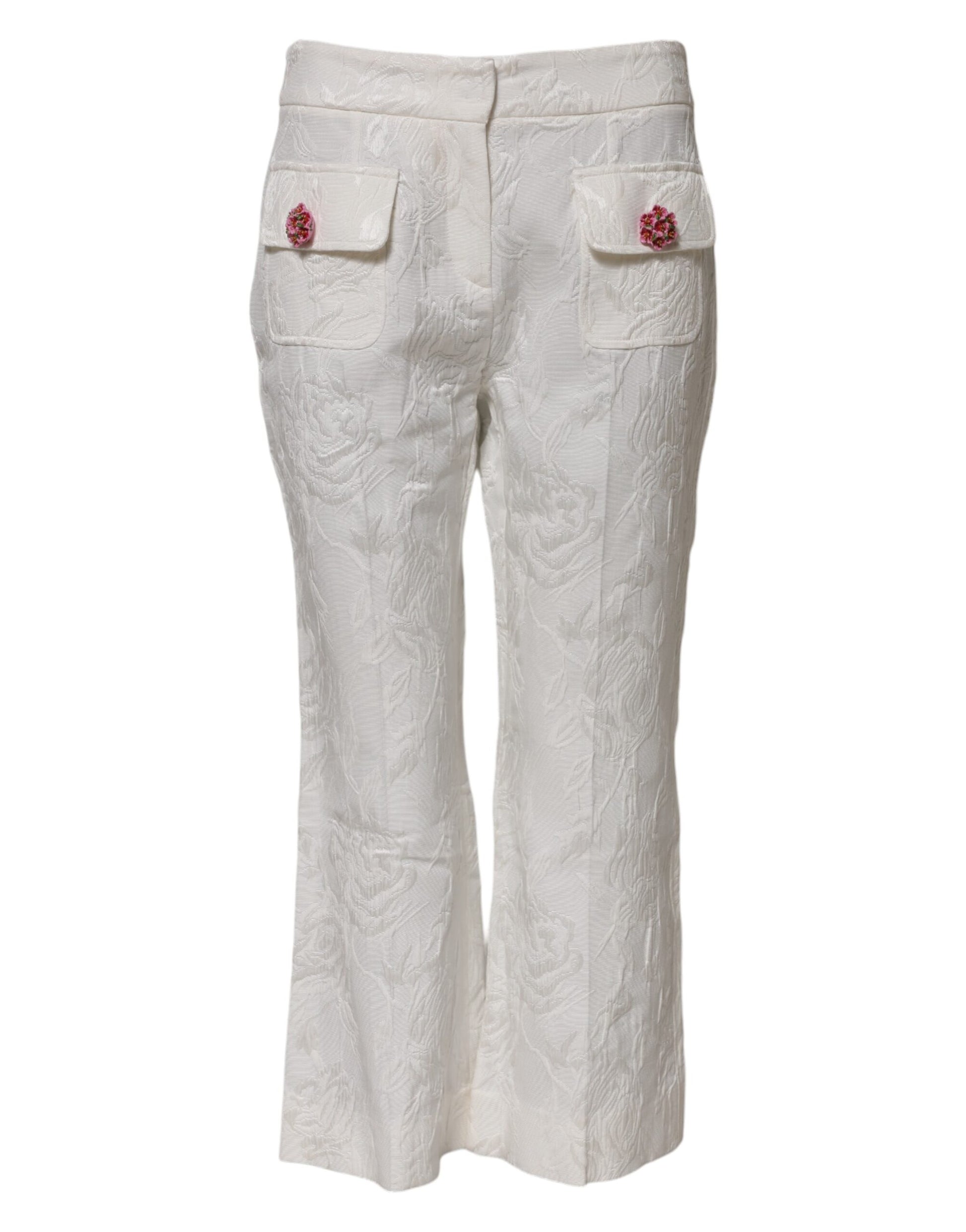 White flared pants with embroidered pockets