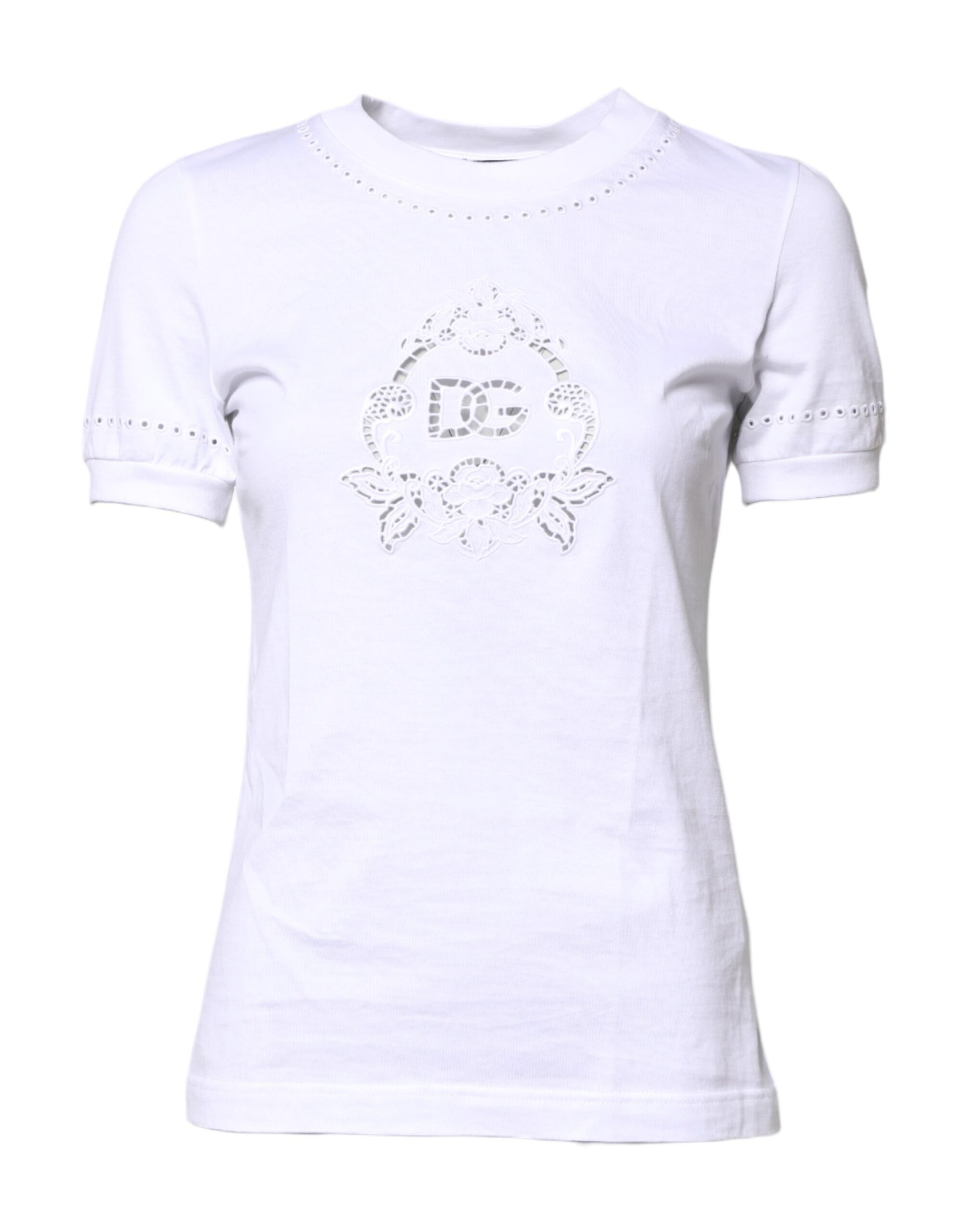 White short sleeve shirt with embroidered design on front