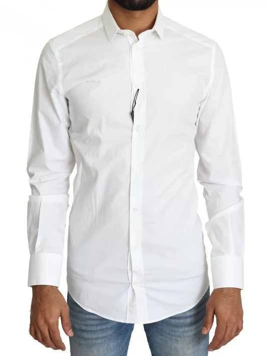 Men's white cotton dress shirt with long sleeves and collar, worn by a mannequin