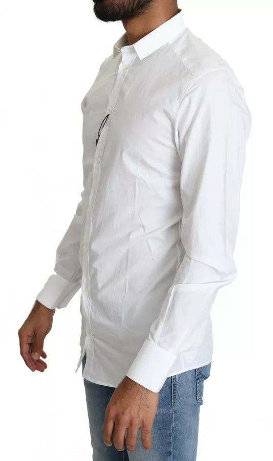 A white cotton formal dress top with a gold shirt, featuring long sleeves and a collar
