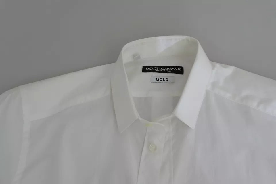 White cotton formal dress top with gold label, shiny buttons and collar