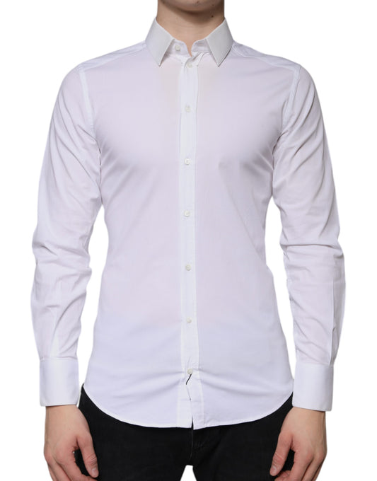 A white cotton dress shirt with a collar and button-down front, designed for formal men's wear